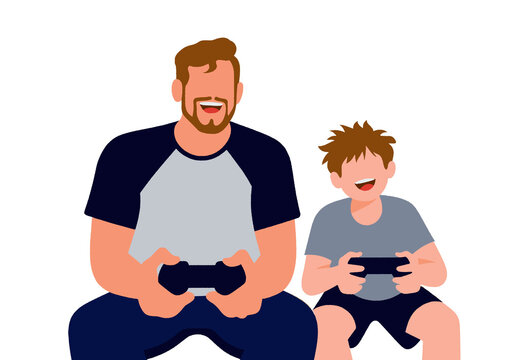 Father and son joyfully playing video games together on white background. Illustration