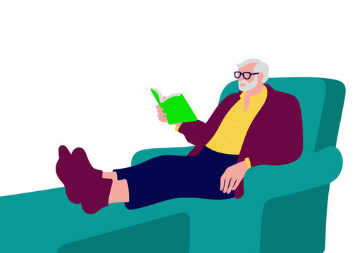 Elderly man relaxing in a chair reading a book with glasses and casual attire. Illustration