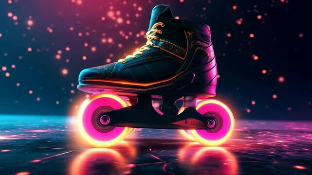 Stylish inline skates with neon illuminated wheels stand on a reflective surface, creating a vibrant and dynamic scene