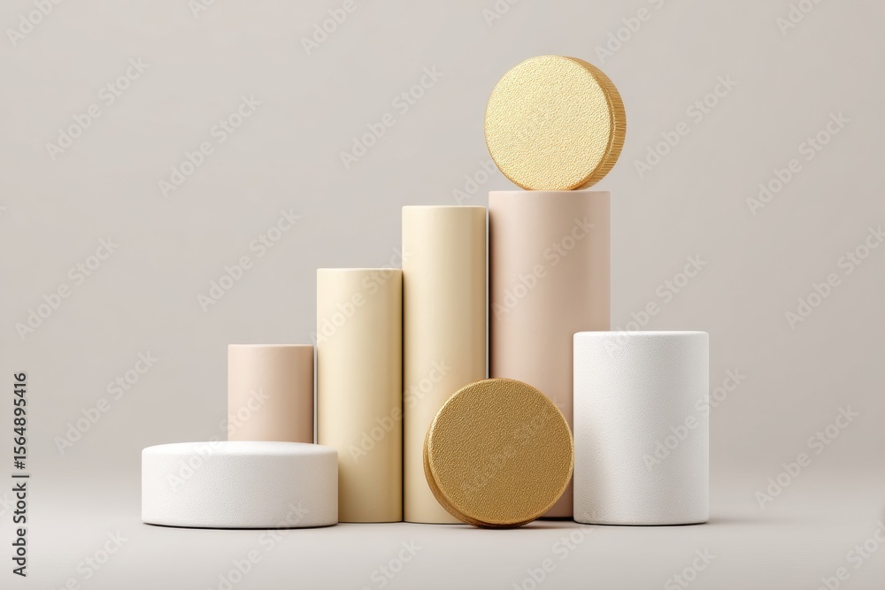 Poster Minimalist Neutral Tone Display with Geometric Cylinders and Discs for Modern Product Presentation and Premium Branding in Clean Design