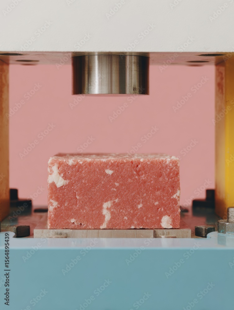 Poster Close-up Load Testing of Compressed Material Block in Industrial Lab with Mechanical Tensile Strength Machine for Quality Control and Performance Assurance