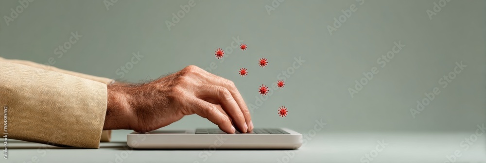 Poster Secure Voting Cybersecurity Concept with Businessman Using Laptop Showing Virus Threats and Alert Symbols for Data Protection Awareness