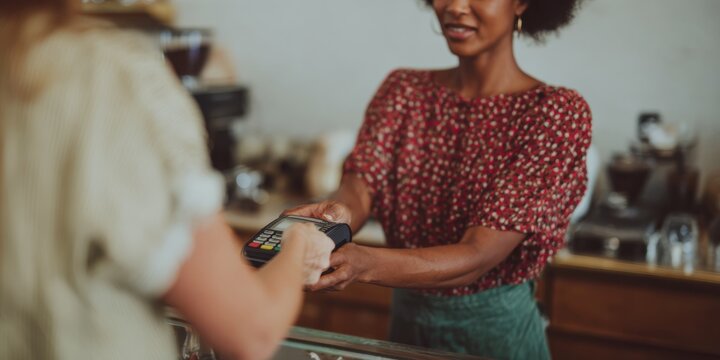 Modern Contactless Payment Closeup with Mixed Race Customer and Barista in Cafe Authentic Safe Transaction for Marketing and Social Media Campaigns