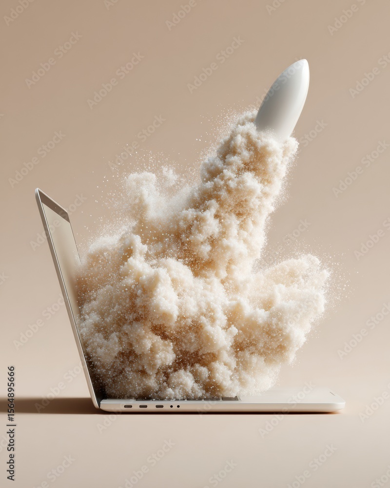 Poster Digital rocket launch emerging from laptop with abstract particles, symbolizing rapid business growth and innovative startup technology progress