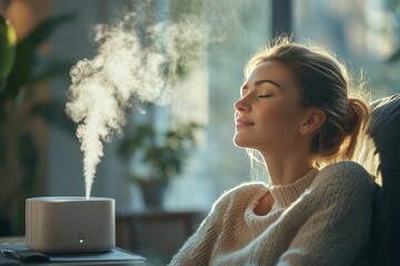 Air Humidifier Device at home: Woman relaxing during work, Generative AI