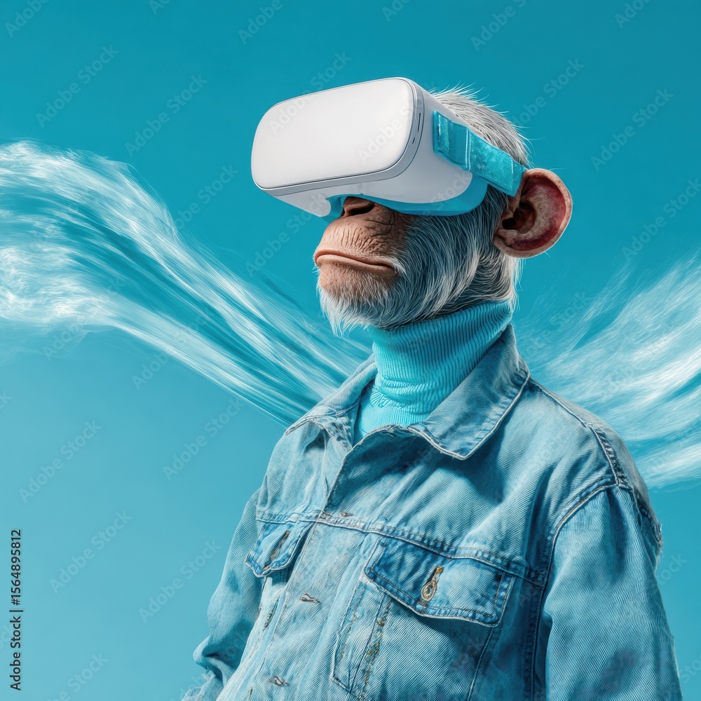 Poster futuristic monkey character wearing vr headset in digital metaverse setting for nft marketplace and 
