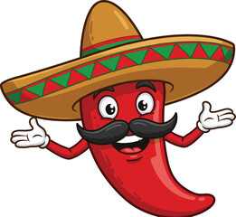 Cheerful Mexican Chili Pepper Cartoon Character with Sombrero and Mustache - Spicy and Fun Mascot for Food, Cuisine, and Celebration Designs.