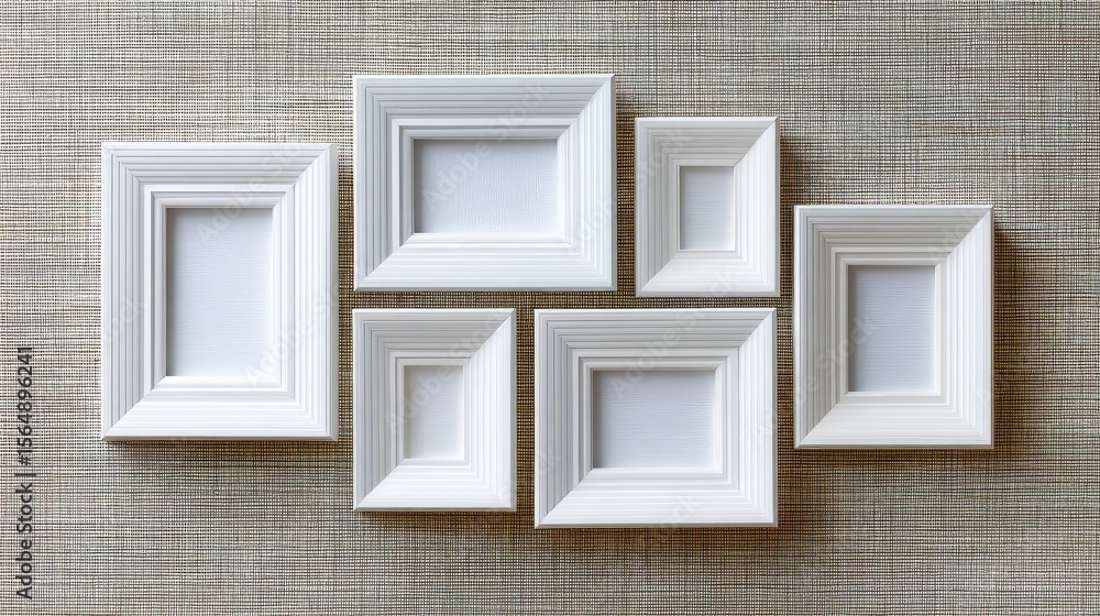Poster group of small picture frames clustered together on a textured wall, artistic display with ample neg