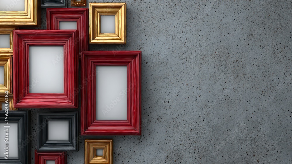 Poster group of small picture frames clustered together on a textured wall, artistic display with ample neg