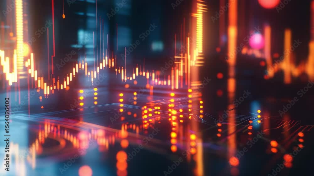 Poster a vibrant digital graph displays glowing data points and fluctuating lines on a futuristic screen.