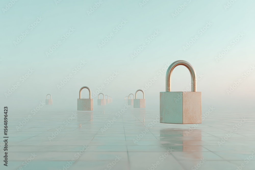 Aufkleber Futuristic Encrypted Transmission Concept with Matte Padlocks on Digital Grid Representing Cybersecurity and Network Safety in Virtual Technology Space