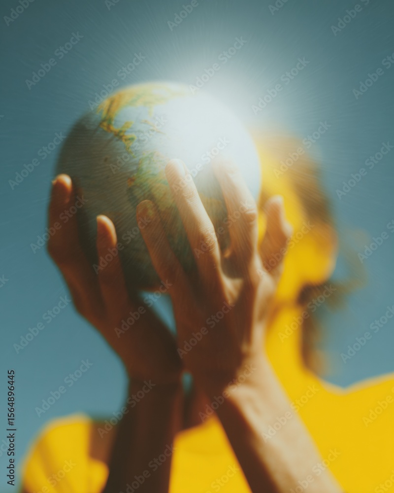 Aufkleber Modern Tech-Inspired Concept of Global Logistics Management with Hands Cradling Connected Globe and Network Data Visualization