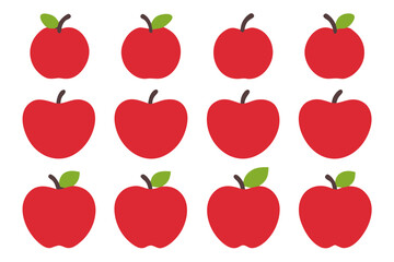 Twelve red apples with green leaves and stems isolated on transparent background