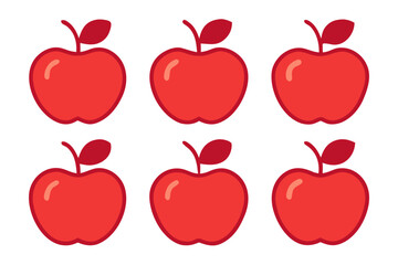 Six bright red apples with leaves arranged in two rows isolated on transparent background
