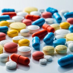 Medicine, pills, tablets, colorful, assorted, vibrant, diverse, shapes, sizes, hues, blues, reds, yellows, oranges, arranged, artfully, white background, crisp, pure, subtle shadows, gentle highlights