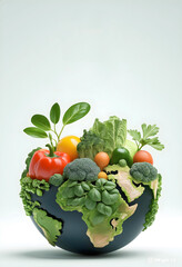 A vibrant miniature globe sprouts with lush green landmasses, crowned by a colorful bounty of fresh fruits and vegetables