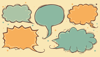 Collection of various cartoon speech bubbles in different shapes and colors, with hand-drawn style.