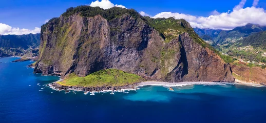 Gardinen amazing Madeira island nature scenery. aerial drone panorama of beautiful  coast and beach , Faial village in northern part. Portugal © Freesurf