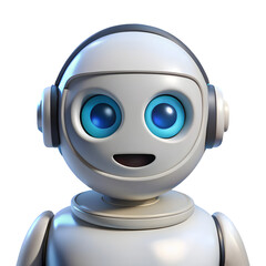 Close up of a white robot with blue eyes and headphones against a black background in a studio shot