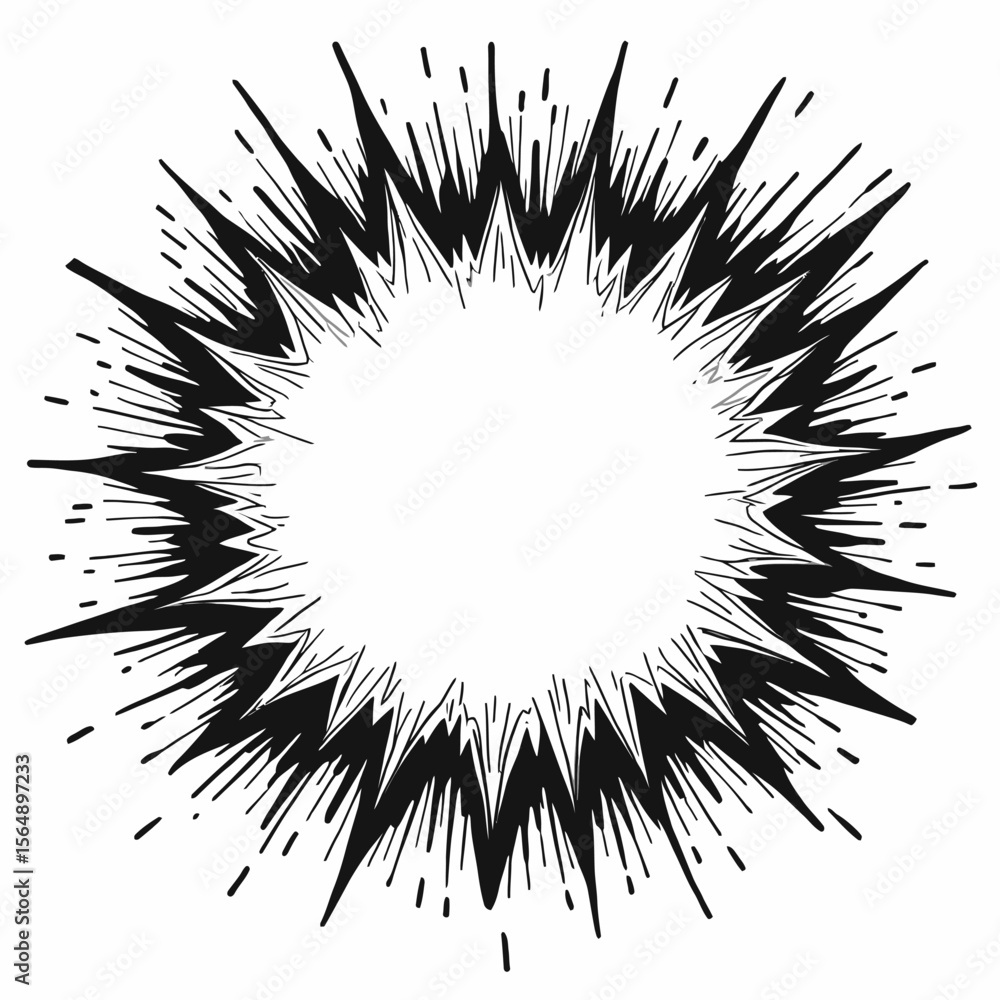 Poster an abstract graphic illustration of a burst or explosion with jagged lines emanating from a central 