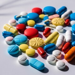 Medicine, pills, tablets, colorful, assorted, vibrant, diverse, shapes, sizes, hues, blues, reds, yellows, oranges, arranged, artfully, white background, crisp, pure, subtle shadows, gentle highlights