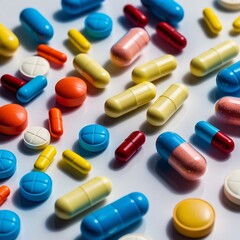 Medicine, pills, tablets, colorful, assorted, vibrant, diverse, shapes, sizes, hues, blues, reds, yellows, oranges, arranged, artfully, white background, crisp, pure, subtle shadows, gentle highlights