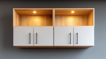 Kitchen wall cabinet doors slightly open, revealing empty shelves inside, clean concept with space
