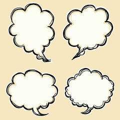 Four hand-drawn speech bubbles with a cloud-like design, outlined in black, on a light beige background.