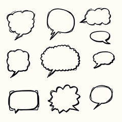 A collection of hand-drawn speech bubbles, diverse shapes and sizes, ready for text.