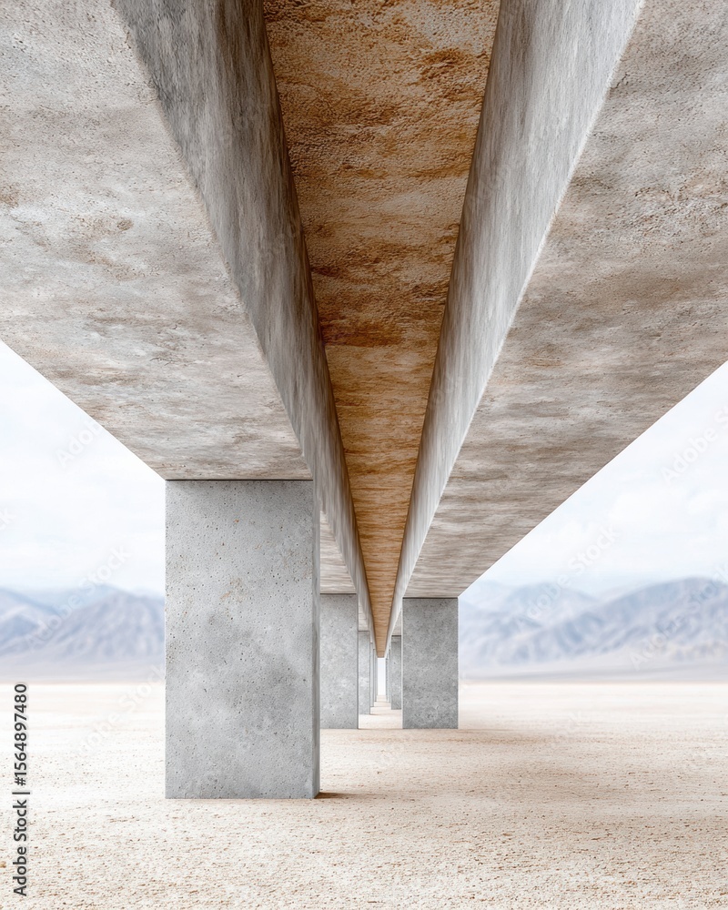 Poster Modern Concrete Bridge Structure with Defined Supports and Beams in Desert Landscape for Durable Urban Infrastructure and Engineering Innovation