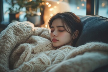 Sick at home concept, woman sneezing on the sofa during the winter season, Generative AI