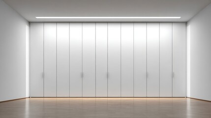 Large floor-to-ceiling cabinet wall with integrated lighting and handleless doors, minimalist modern concept with copy space