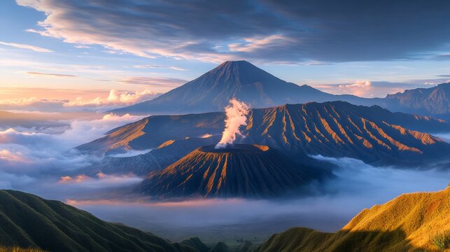 Mount bromo emitting smoke at sunrise with scenic sky in indonesia - Powered by Adobe