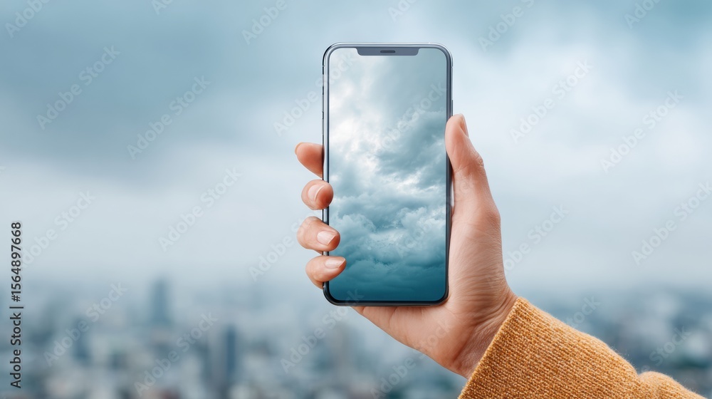 Aufkleber real-time urban weather forecast app displayed on smartphone against asian city skyline with cloudy 