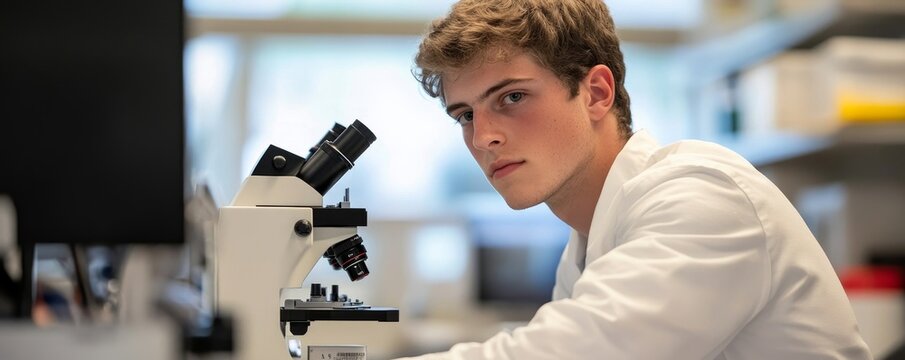 Researcher using a microscope to analyze cells in a medical lab, Generative AI