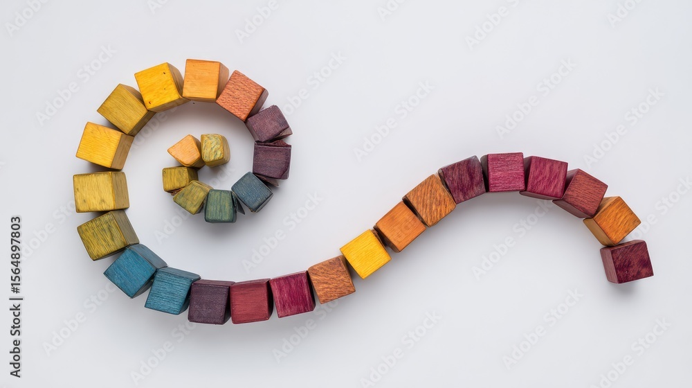 Poster letter blocks a to z arranged in spiral shape on white background, abstract composition with room fo