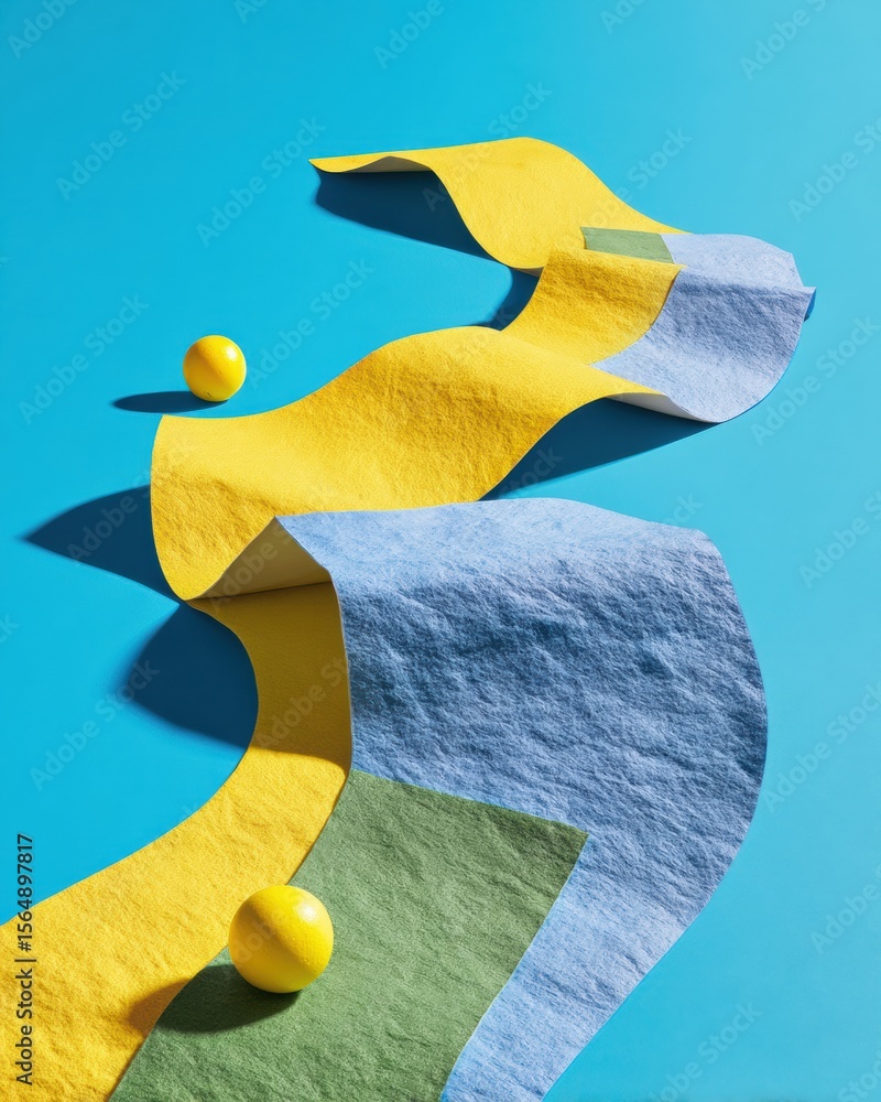 Poster abstract folded paper path with curved segments and spheres on blue background - modern materials de