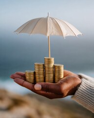 Modern Business Concept of Capital Preservation with Hand Holding Umbrella Over Stacked Gold Coins Symbolizing Financial Protection and Wealth Growth