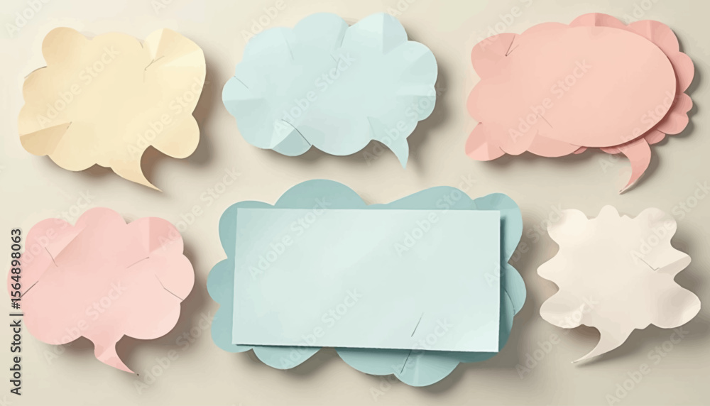 Poster six colorful paper speech bubbles arranged on a neutral background, one with a blank rectangular car