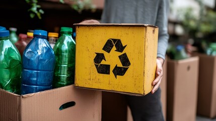 Volunteer holding recycling bin containing plastic bottles