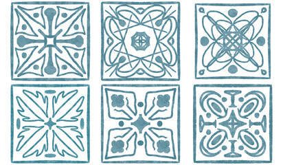 six tiles with blue watercolor patterns	
