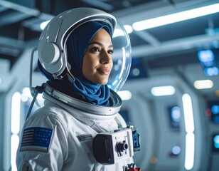 Young Muslim woman wearing a hijab inside a space suit, floating in zero gravity, futuristic interior