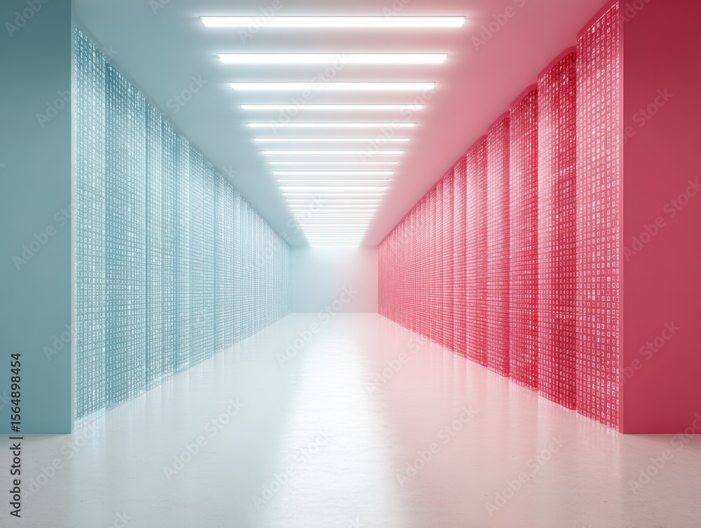 Fototapete Futuristic digital corridor with glowing binary grids in blue and red symbolizing data flow and digital transformation for tech security and big data management