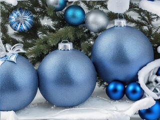 Blue Christmas ornaments with silver accents and decorative bows are arranged on a snowy surface, surrounded by evergreen branches, creating a festive holiday atmosphere