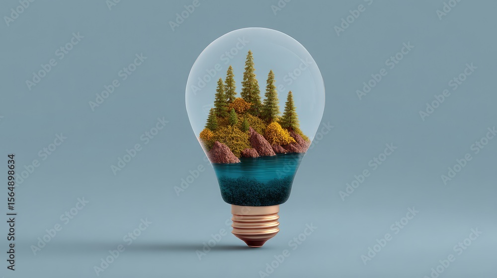 Poster light bulb filled with a miniature ecosystem of trees and water, visualizing nature-inspired ideas t