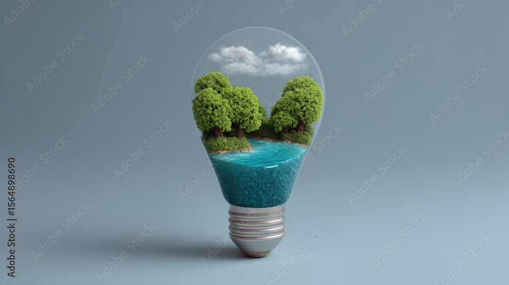 Poster light bulb filled with a miniature ecosystem of trees and water, visualizing nature-inspired ideas t