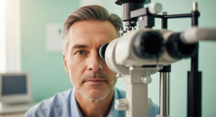 Mature man undergoing professional eye examination at optometrist clinic, looking into modern medical device for vision and eye health evaluation