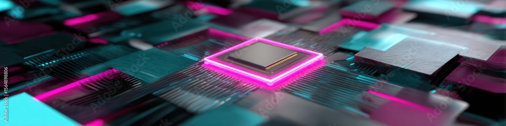 Poster Futuristic Quantum Chipset with Glowing Circuits and Digital Network in Semiconductor Hardware Innovation for Advanced Data Processing and Tech Industry