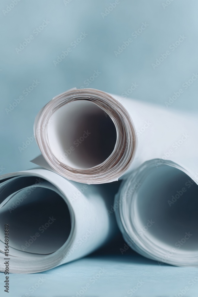 Poster Rolled Architectural Blueprints on Workdesk for Strategic Construction Planning with Technical Accuracy and Modern Project Proposal Presentation