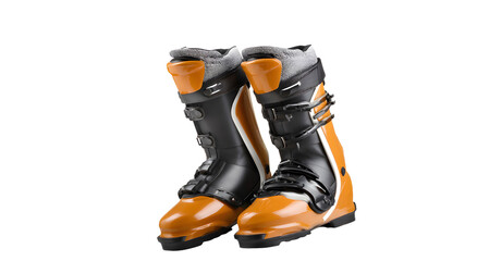 Orange ski boots with black accents isolated on white background
